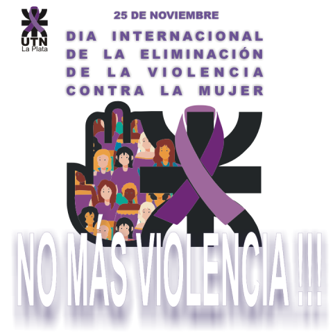 mano deteniendo la violencia con el logo de la utn que viste una banda violeta