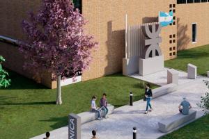 Render del exterior de la UTN La Plata con estudiantes caminando