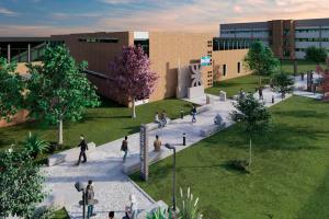 Render del campus de la UTN La Plata, mostrando senderos peatonales con estudiantes
