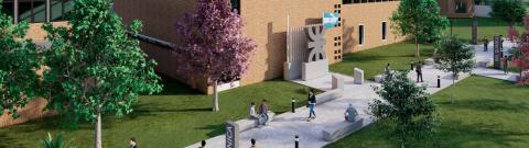 Render del exterior de la UTN La Plata con estudiantes caminando